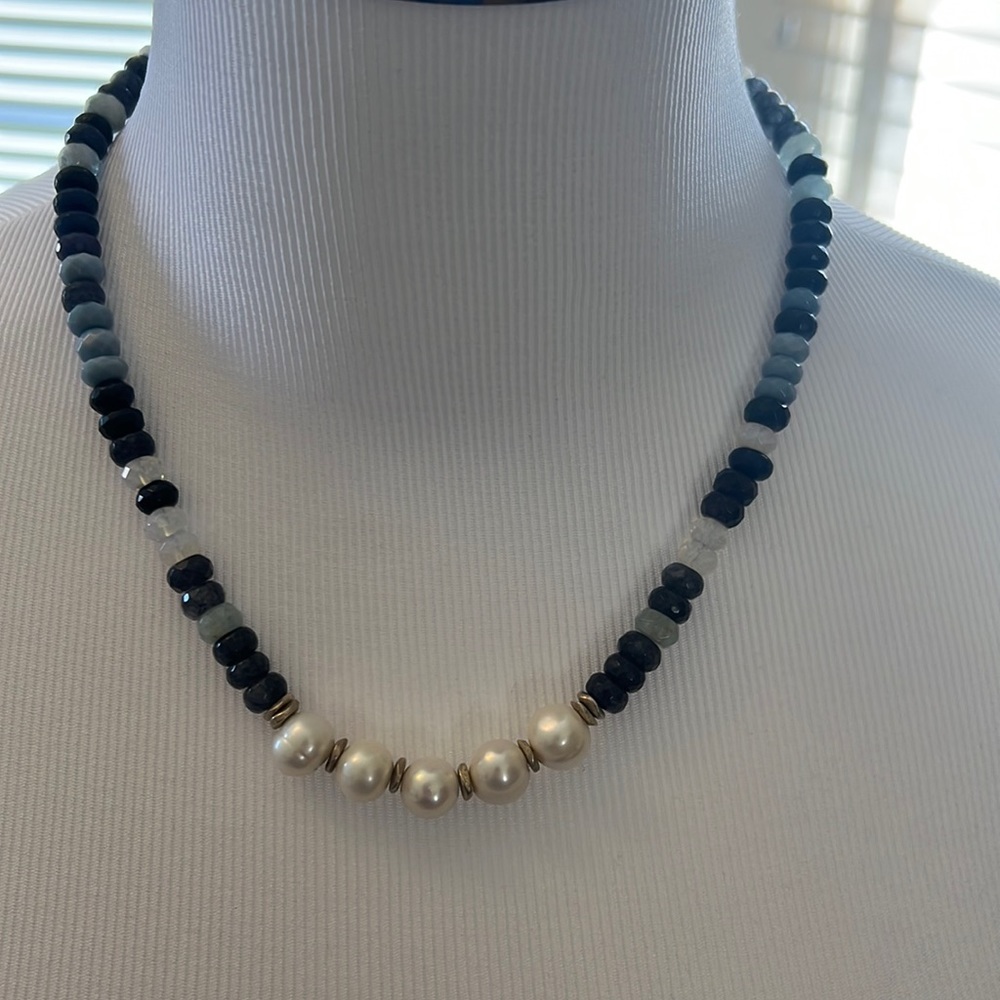Neiman Marcus Necklace with Blue Faceted Stones and Pearls